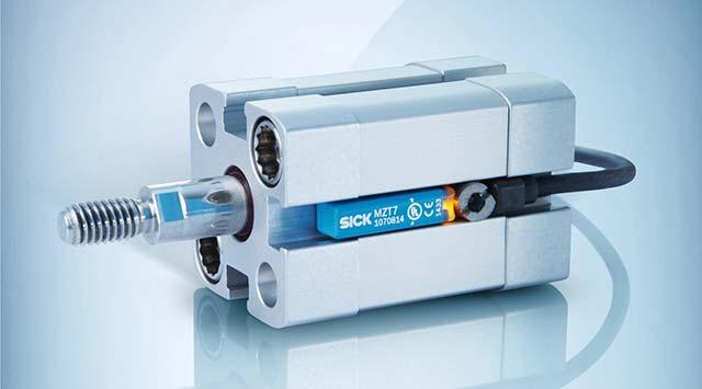 The SICK MZT7 magnetic cylinder sensor reliably detects the piston position in pneumatic drives.