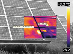 Fig 2a. This thermal image shows some defective cells within a solar panel. Overheating cells impede the performance of the entire photovoltaic system.